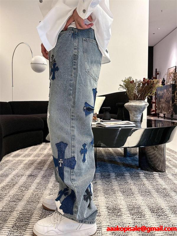 2025秋冬限定 ブラック ブルー ホワイト クロス刺繍デザイン Chrome Hearts クロムハーツ 偽物 デニムパンツ