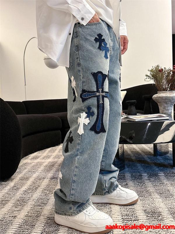 2025秋冬限定 ブラック ブルー ホワイト クロス刺繍デザイン Chrome Hearts クロムハーツ 偽物 デニムパンツ