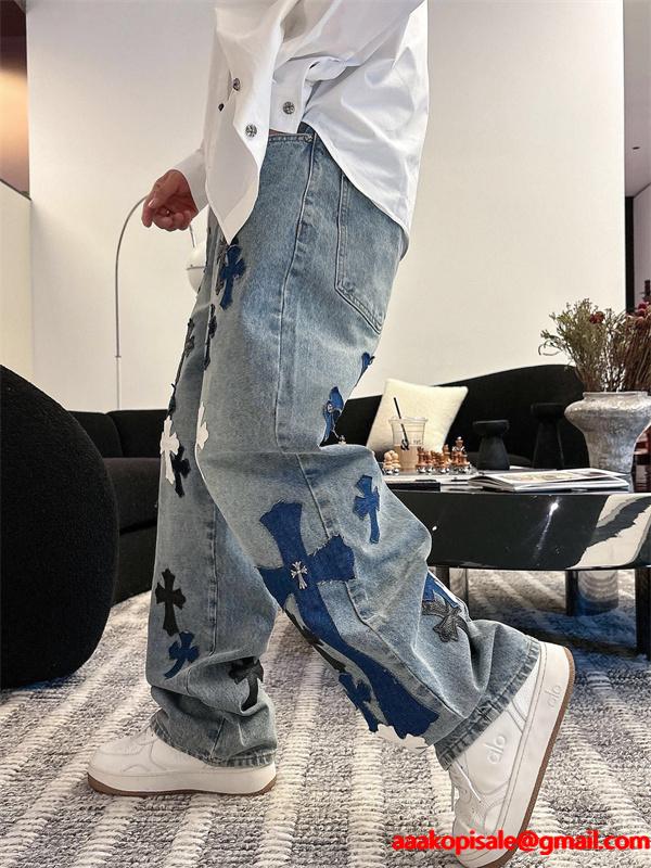 2025秋冬限定 ブラック ブルー ホワイト クロス刺繍デザイン Chrome Hearts クロムハーツ 偽物 デニムパンツ