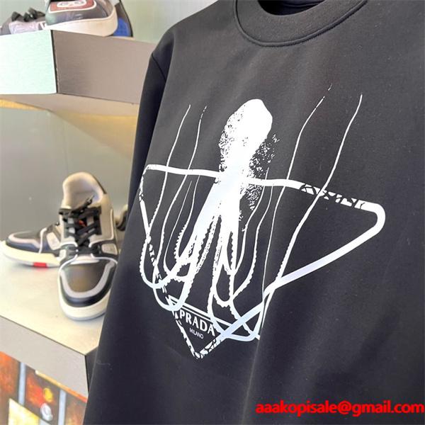 人気 ホワイト ブラック オクトパスプリント 高品質 新作 偽物 スウェット Prada プラダ 