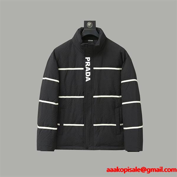 最新作 ブラック Prada プラダ ラインデザイン 防風 機能性 偽物 ダウンジャケット 保温性 高級