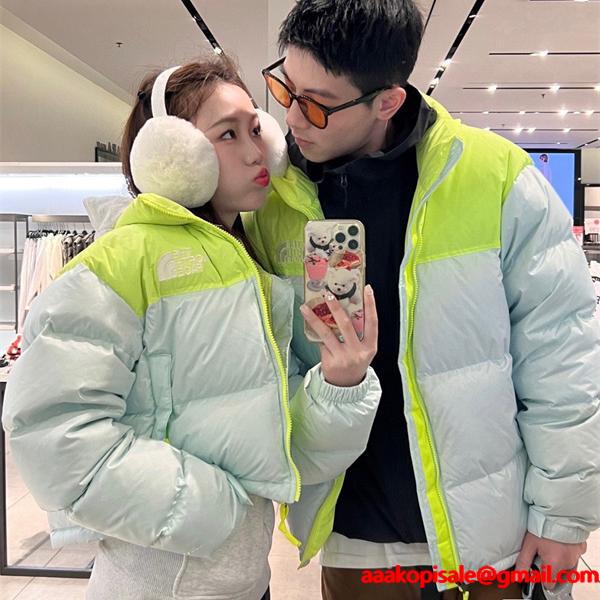 The North Face スーパーコピー 蛍光グリーン拼色ダウンジャケット カップル風 2025秋冬彩り ザノースフェイス