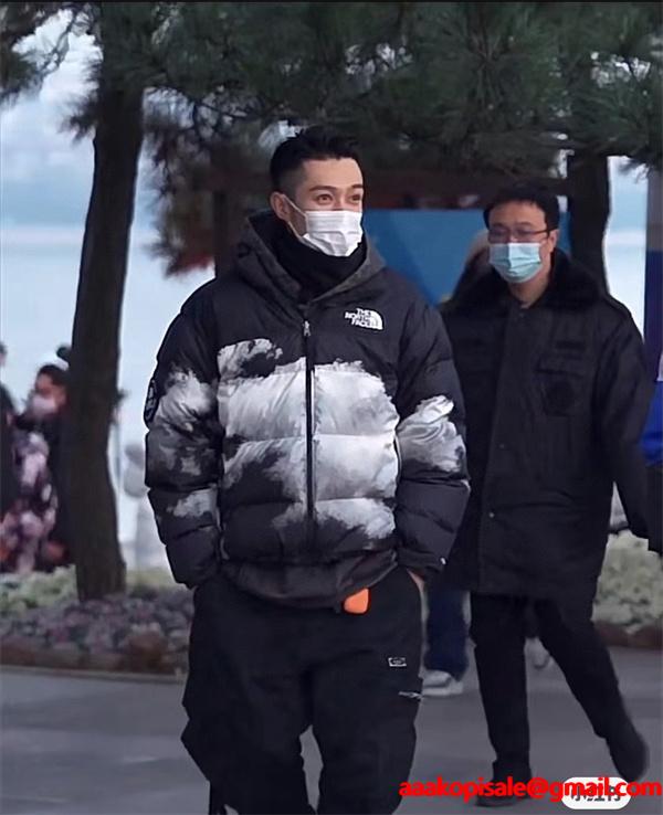 The North Face 偽物 雲柄ブラックダウンジャケット アーティスティック 2025秋冬個性 ザノースフェイス