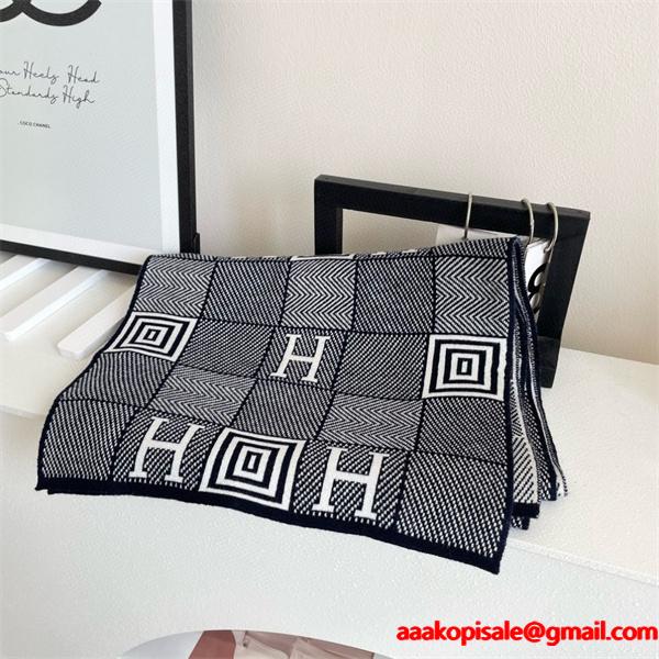 幾何 H ロゴ柄 シックモノクロ HERMES エルメス 偽物 マフラー 秋冬高品質アクセサリー