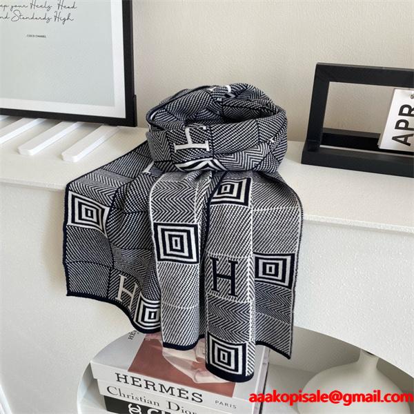 幾何 H ロゴ柄 シックモノクロ HERMES エルメス 偽物 マフラー 秋冬高品質アクセサリー