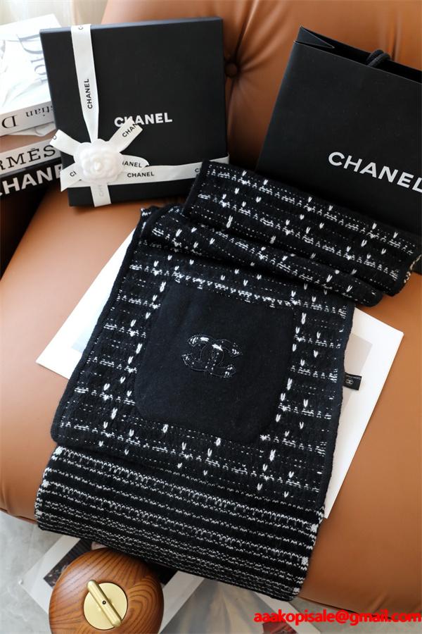 CHANEL シャネル ツイード調 刺繍カシミヤマフラー 30×180cm 2025秋冬