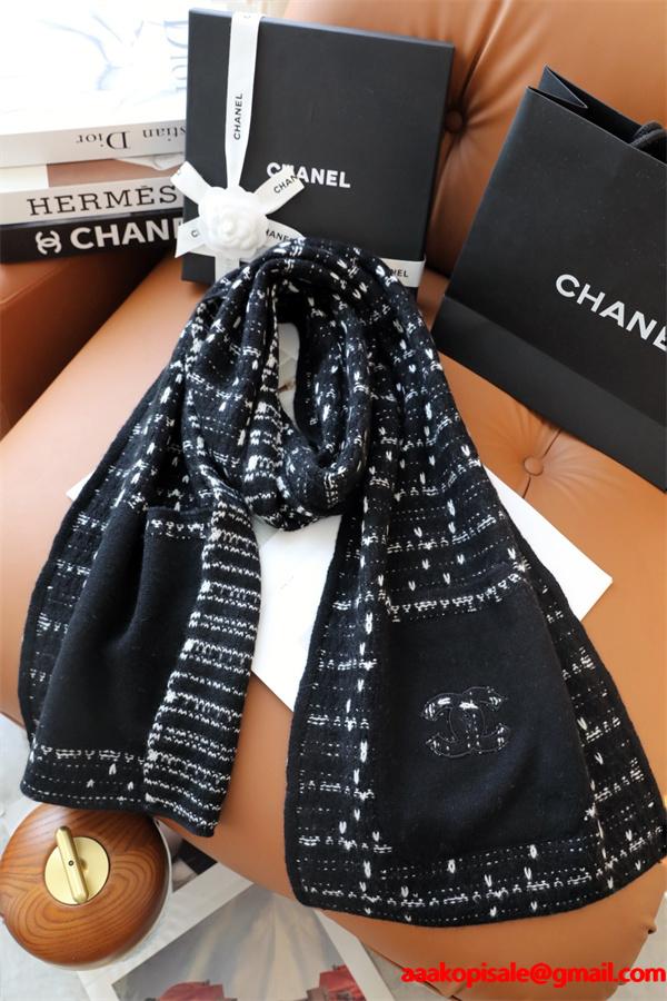 CHANEL シャネル ツイード調 刺繍カシミヤマフラー 30×180cm 2025秋冬