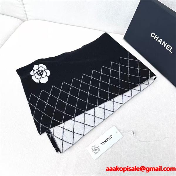 CHANEL シャネル カメリア＆キルティング柄 カシミヤマフラー 33×180cm 2025冬新作