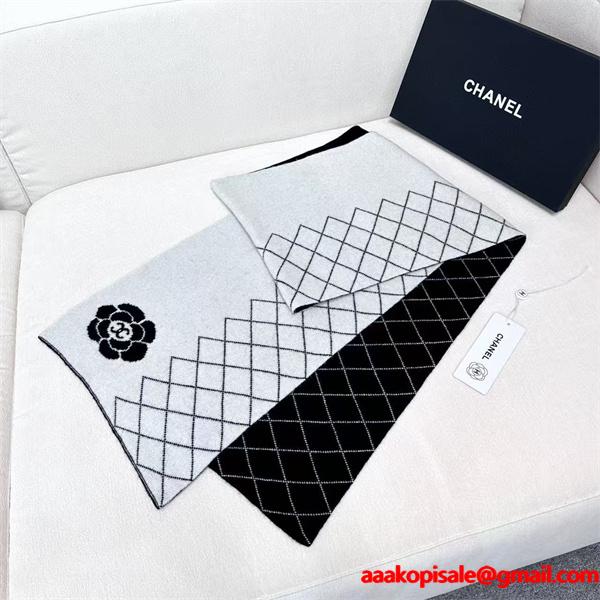 CHANEL シャネル カメリア＆キルティング柄 カシミヤマフラー 33×180cm 2025冬新作
