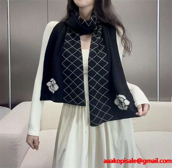 CHANEL シャネル カメリア＆キルティング柄 カシミヤマフラー 33×180cm 2025冬新作
