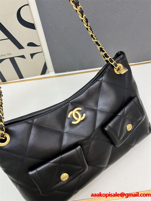 ブラックレザー ダブルポケット CHANEL シャネル ショルダーバッグ コピー レディース ユーティリティ