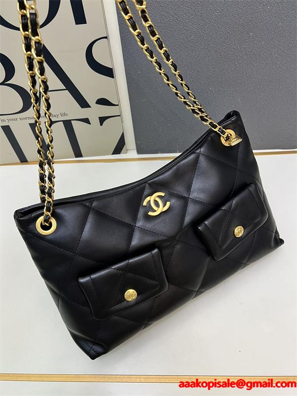 ブラックレザー ダブルポケット CHANEL シャネル ショルダーバッグ コピー レディース ユーティリティ