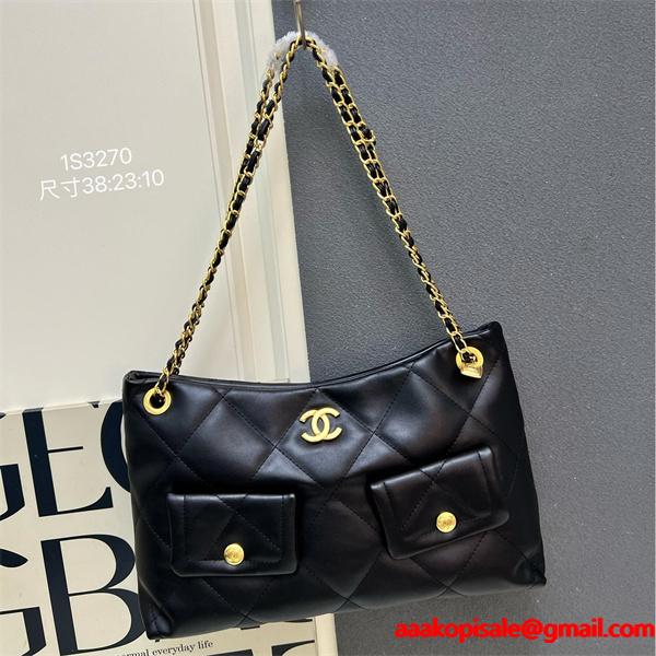 ブラックレザー ダブルポケット CHANEL シャネル ショルダーバッグ コピー レディース ユーティリティ