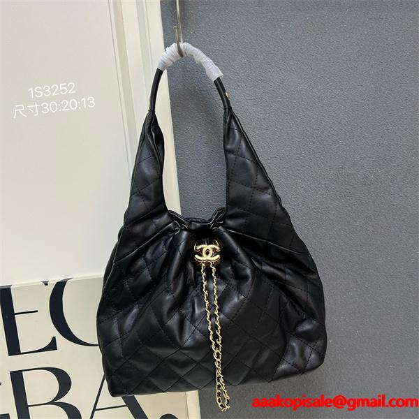 CHANEL ブラックレザー チェーンアクセント シャネル ハンドバッグ コピー 1S3252 レディース エレガント
