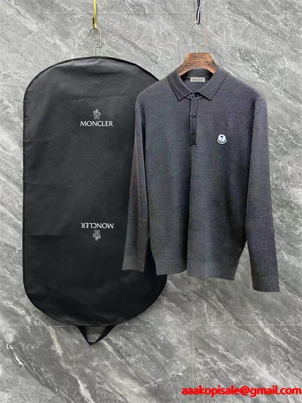 MONCLER ブラック / グレー セーター POLO ブルー スマイル ロゴ 2025秋冬 モンクレール スーパーコピー