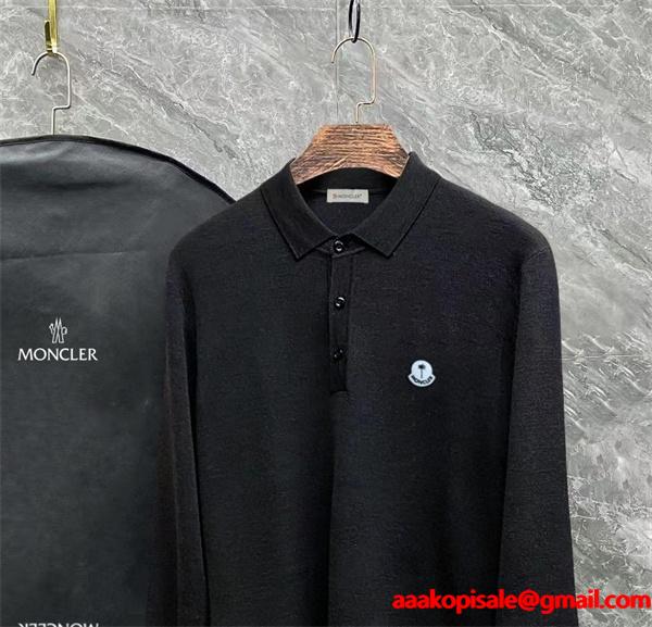 MONCLER ブラック / グレー セーター POLO ブルー スマイル ロゴ 2025秋冬 モンクレール スーパーコピー