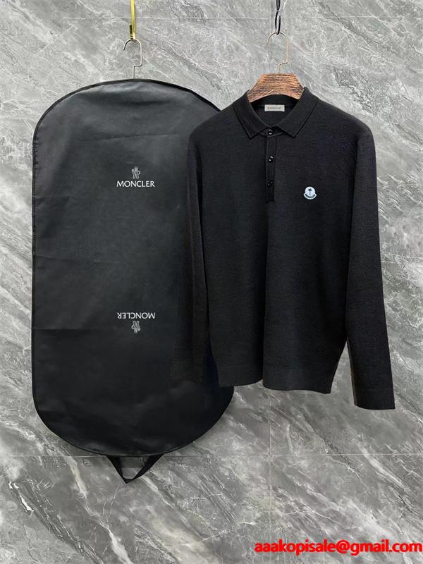 MONCLER ブラック / グレー セーター POLO ブルー スマイル ロゴ 2025秋冬 モンクレール スーパーコピー