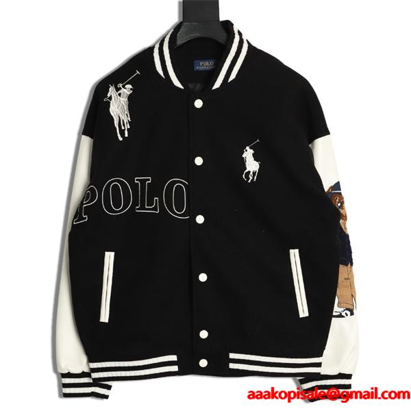 ブラック × ホワイト 刺繍 ベースボールジャケット ポロラルフローレン POLO RALPH LAUREN コピー 秋冬復古デザイン 高品質