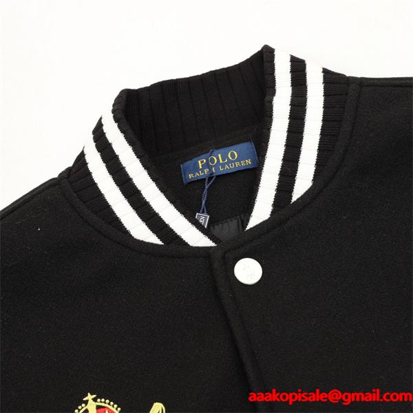 POLO RALPH LAUREN コピー 秋冬復古高級  ブラック × ホワイト ディテール豊富 ベースボールジャケット ポロラルフローレン