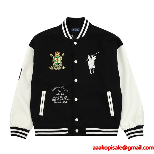 POLO RALPH LAUREN コピー 秋冬復古高級  ブラック × ホワイト ディテール豊富 ベースボールジャケット ポロラルフローレン