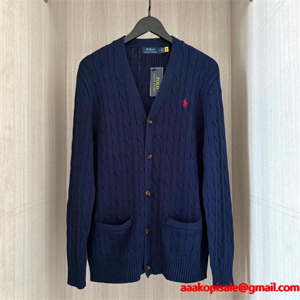POLO RALPH LAUREN コピー 秋冬復古多彩 高品質 グレー × ホワイト 6 色 麻花纹 V 领 カーディガン ポロラルフローレン
