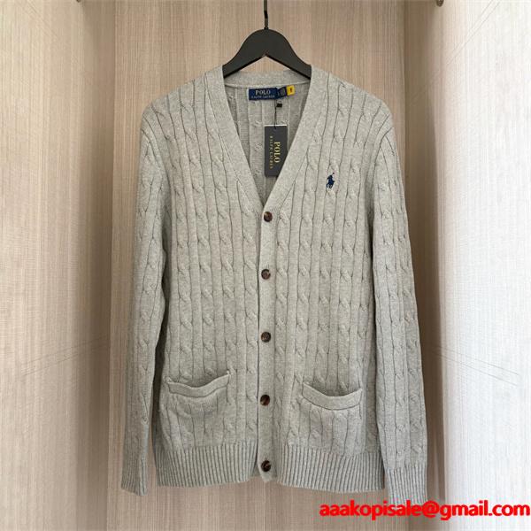POLO RALPH LAUREN コピー 秋冬復古多彩 高品質 グレー × ホワイト 6 色 麻花纹 V 领 カーディガン ポロラルフローレン