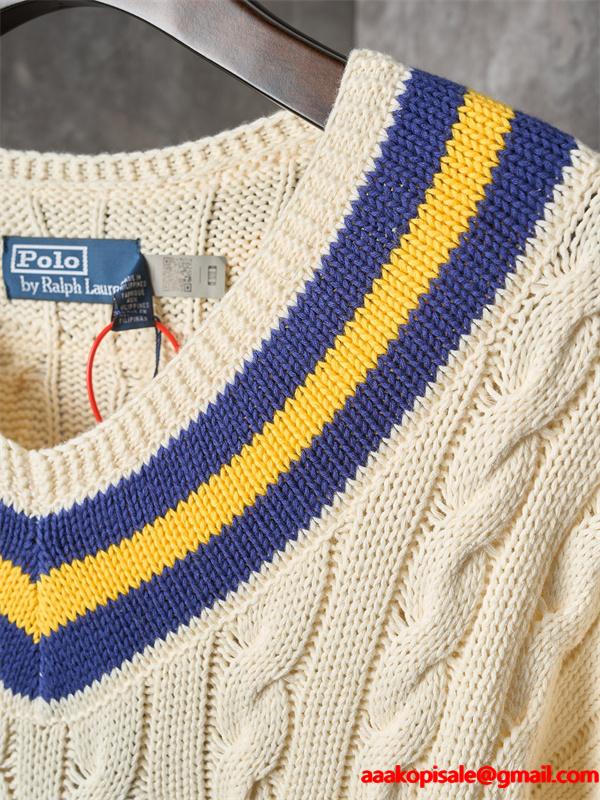 ベージュ テニスラケットプリント V 领 麻花纹 ニット ポロラルフローレン POLO RALPH LAUREN 偽物 秋冬 上品 