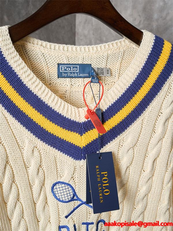 ベージュ テニスラケットプリント V 领 麻花纹 ニット ポロラルフローレン POLO RALPH LAUREN 偽物 秋冬 上品 