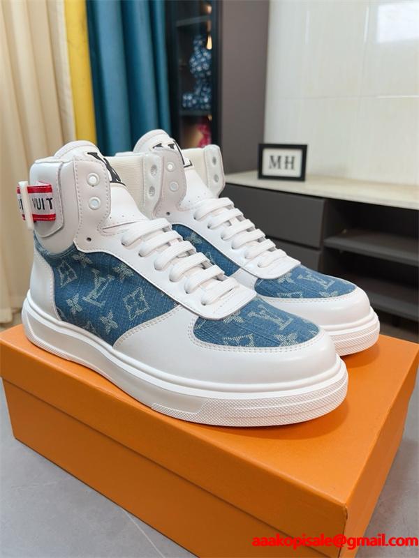 LOUIS VUITTON ルイヴィトン 激安 メンズ ハイカット スニーカー モノグラム レザー デニム コンビ 人気モデル スタイリッシュ カジュアル シューズ