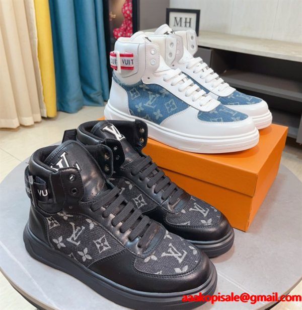 LOUIS VUITTON ルイヴィトン 激安 メンズ ハイカット スニーカー モノグラム レザー デニム コンビ 人気モデル スタイリッシュ カジュアル シューズ