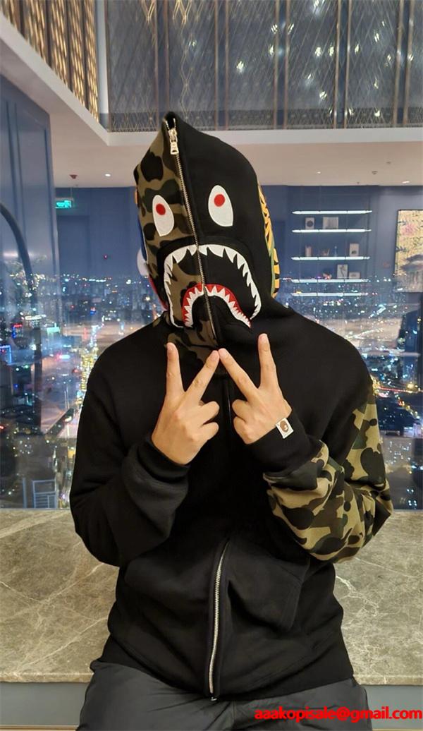 BAPE コピー 秋冬 個性 トレンディ ブラック × カモフラージュ シャーク 連帽 ジップアップ ベイプ