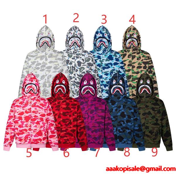 BAPE コピー 秋冬 復古 定番 グレー カモフラージュ シャーク 連帽 ジップアップ ベイプ