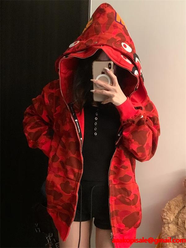 BAPE コピー 秋冬 復古 定番 グレー カモフラージュ シャーク 連帽 ジップアップ ベイプ
