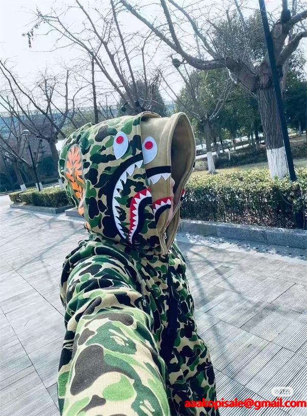 BAPE コピー 秋冬 復古 定番 グレー カモフラージュ シャーク 連帽 ジップアップ ベイプ