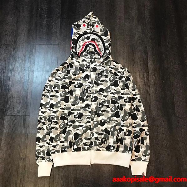 BAPE コピー 秋冬 復古 定番 グレー カモフラージュ シャーク 連帽 ジップアップ ベイプ