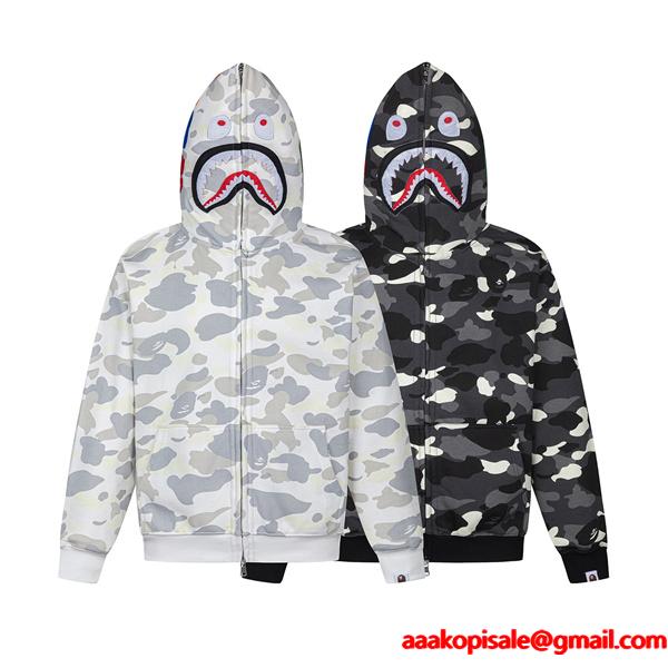 BAPE コピー 秋冬 復古 定番 グレー カモフラージュ シャーク 連帽 ジップアップ ベイプ