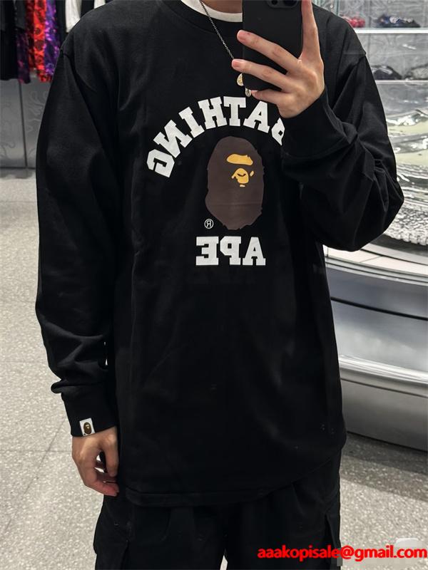 ブラック 長袖 T シャツ ベイプ BAPE スーパーコピー 秋冬ストリートクラシック ユニセックス