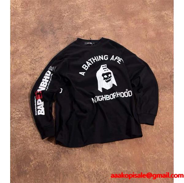 ベイプ BAPE コピー 秋冬 高品質 ホワイト ネイバーフッド コラボ スカル猿人头 長袖 T シャツ