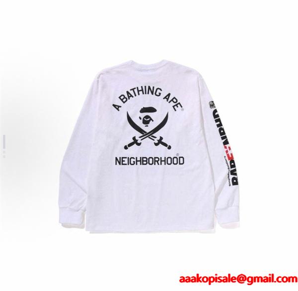 ベイプ BAPE コピー 秋冬 高品質 ホワイト ネイバーフッド コラボ スカル猿人头 長袖 T シャツ