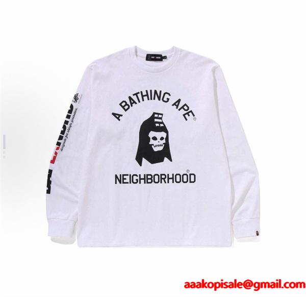 ベイプ BAPE コピー 秋冬 高品質 ホワイト ネイバーフッド コラボ スカル猿人头 長袖 T シャツ