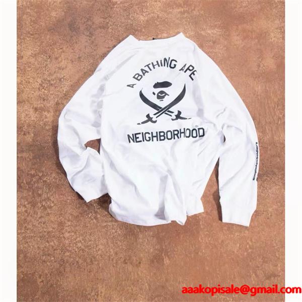 ベイプ BAPE コピー 秋冬 高品質 ホワイト ネイバーフッド コラボ スカル猿人头 長袖 T シャツ