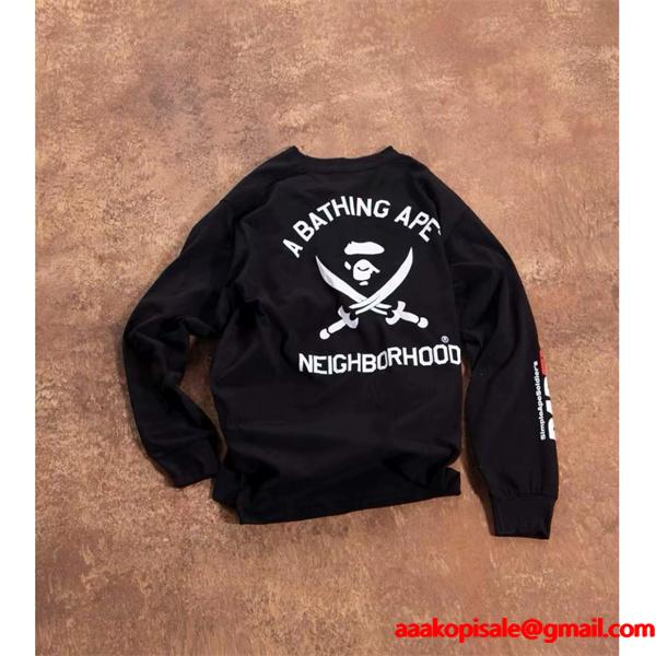 ベイプ BAPE コピー 秋冬 高品質 ホワイト ネイバーフッド コラボ スカル猿人头 長袖 T シャツ