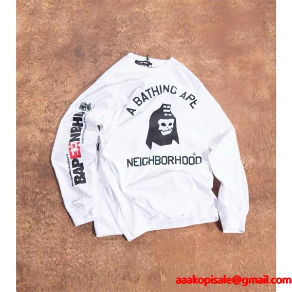 ベイプ BAPE コピー 秋冬 高品質 ホワイト ネイバーフッド コラボ スカル猿人头 長袖 T シャツ
