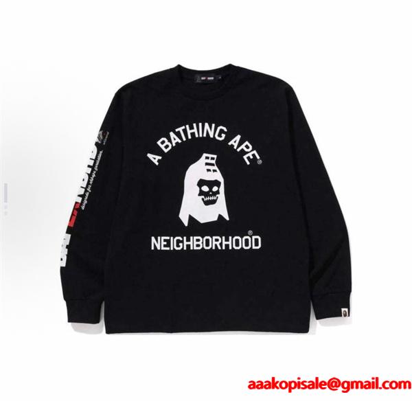 ベイプ BAPE コピー 秋冬 高品質 ホワイト ネイバーフッド コラボ スカル猿人头 長袖 T シャツ