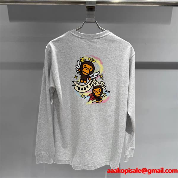 グレー × ブラック 天使 Milo プリント 長袖 T シャツ ベイプ BAPE 偽物 秋冬ストリートフェミニン 