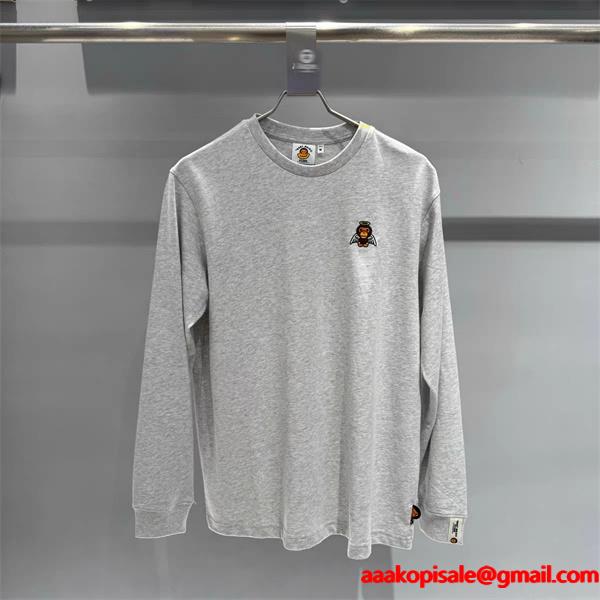 グレー × ブラック 天使 Milo プリント 長袖 T シャツ ベイプ BAPE 偽物 秋冬ストリートフェミニン 