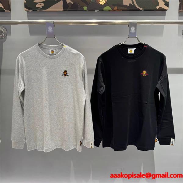 グレー × ブラック 天使 Milo プリント 長袖 T シャツ ベイプ BAPE 偽物 秋冬ストリートフェミニン 