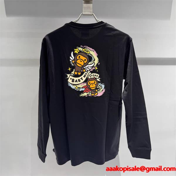 グレー × ブラック 天使 Milo プリント 長袖 T シャツ ベイプ BAPE 偽物 秋冬ストリートフェミニン 