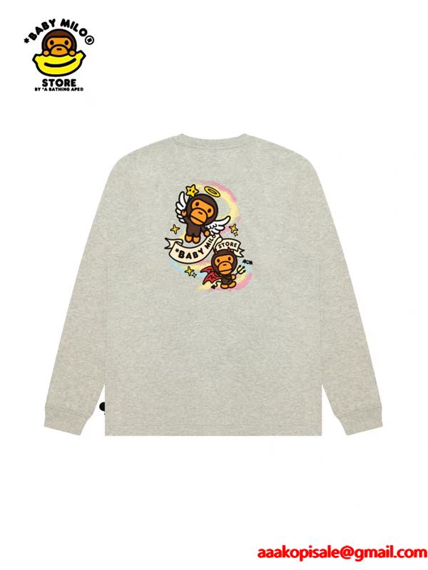 グレー × ブラック 天使 Milo プリント 長袖 T シャツ ベイプ BAPE 偽物 秋冬ストリートフェミニン 