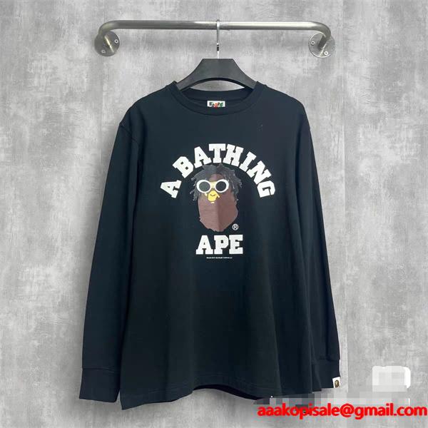  BAPE スーパーコピー 秋冬ストリートクール 定番 ホワイト メガネ猿人 ロゴ 長袖 T シャツ ベイプ
